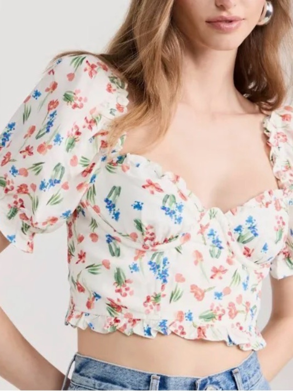 ASTR Feronia Floral Puff-Sleeve Crop Top - Size M
